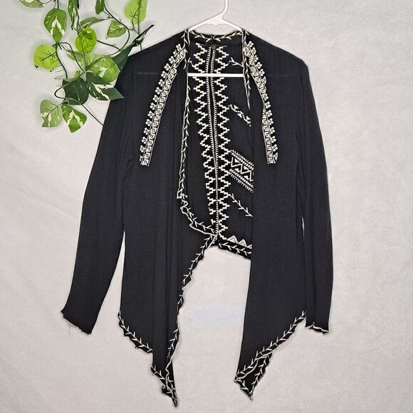 Aakaa Sweaters - Aakaa Open Front Embroidered Geometric Cover-up Cardigan Black White Medium